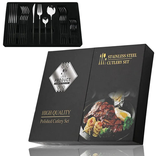 Coffret couverts de table en acier inoxydable| Cuisine Confort Élite Boîte de 24 pièces Noir Argent